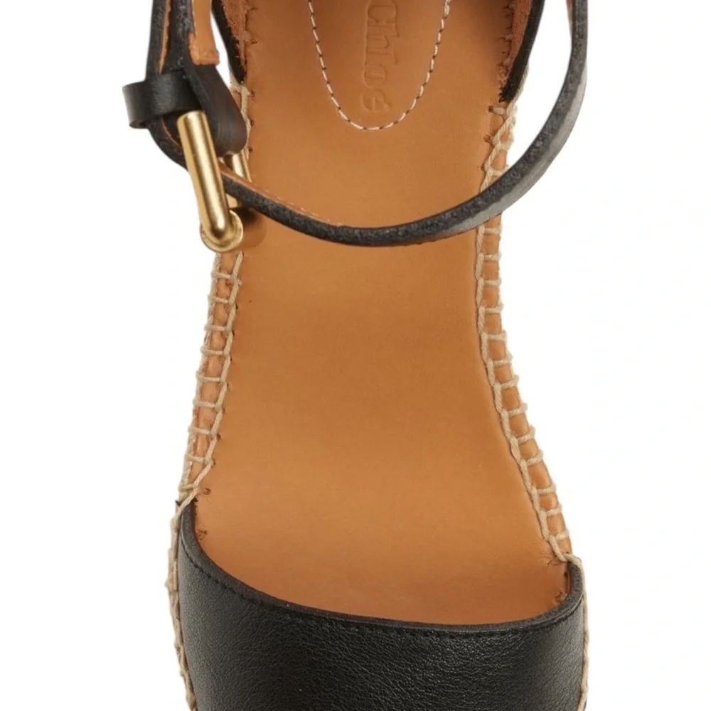See by Chloe Glyn Espadrilles Wedge Black Leather Ankle Strap Sandals Sz 40